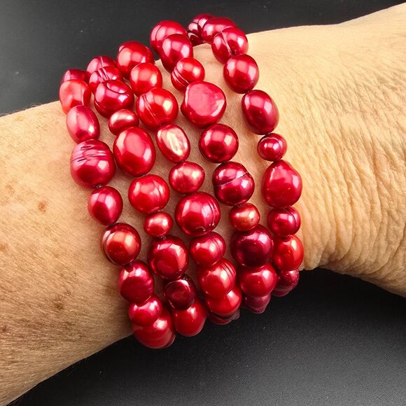 Honora Jewelry - Honora Collection Set 5 Red Freshwater Pearl Stretch Bracelets With Box & Pouch